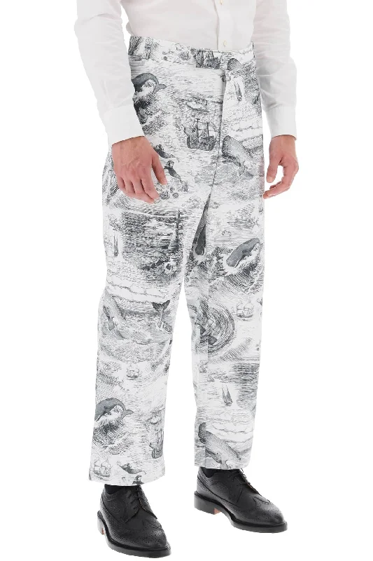 Vintage denim pants for timeless rugged style -cropped pants with 'nautical toile' motif