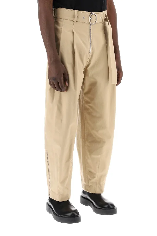 Warm flannel pants for chilly morning lounging -Jil sander cotton pants with removable belt