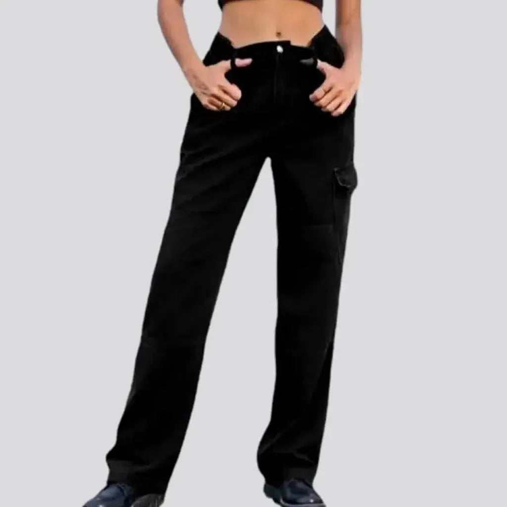 Relaxed fit pants for laid-back comfort wear -Cargo high-waist denim pants