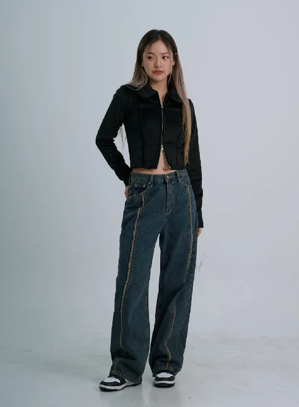 Lightweight travel pants with wrinkle-free fabric -Retro Stitching Wide Denim Pants CO21