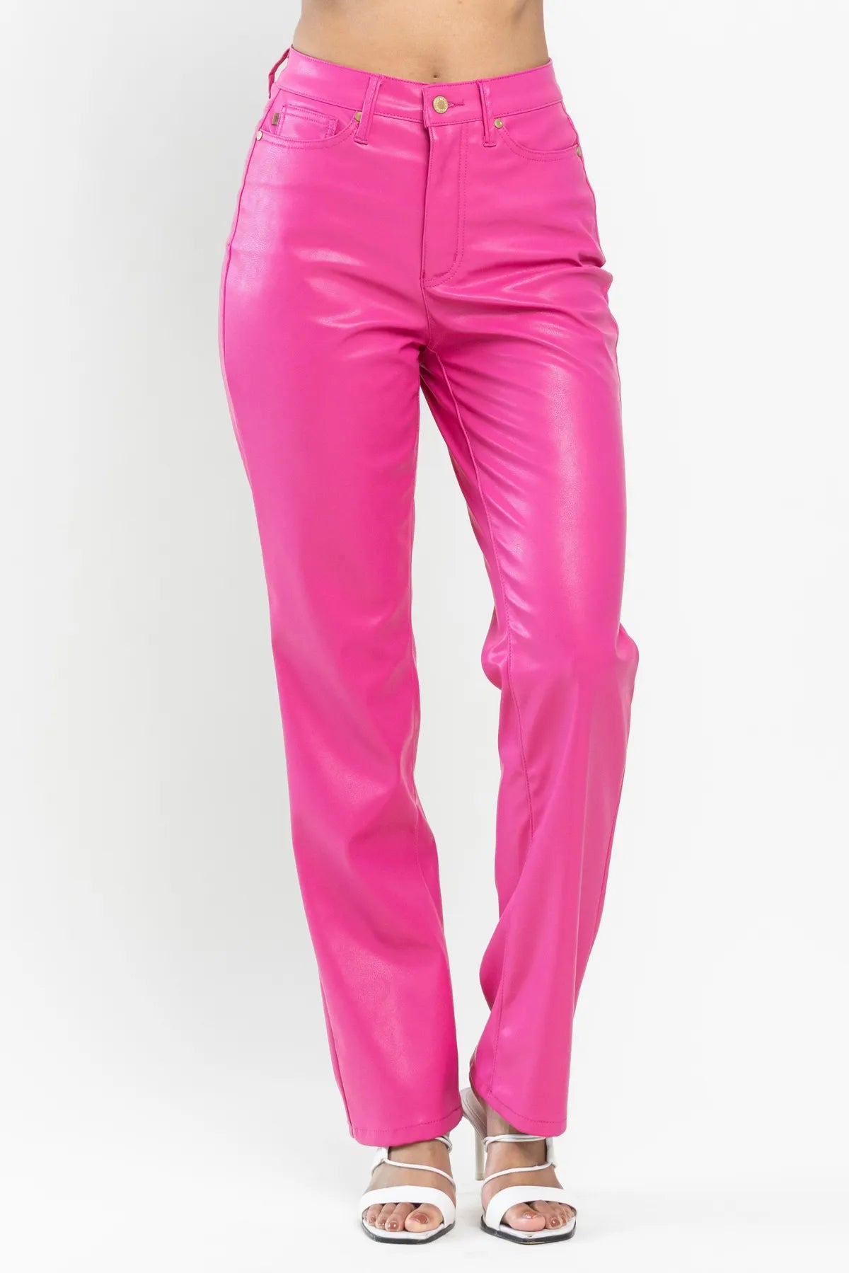 Flowy culottes pants for breezy summer style -Judy Blue High Waist Tummy Control Top Faux Leather Straight Pants in Hot Pink 88748 - Exclusive