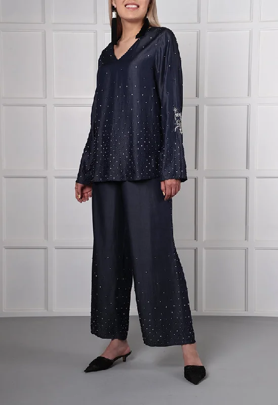 Stylish flare pants for retro party looks -Studded Wide Leg Pants