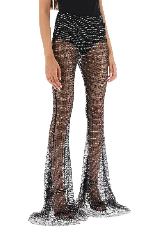 Casual drawstring pants for effortless home relaxation -rhinestone-studded fishnet knit pants