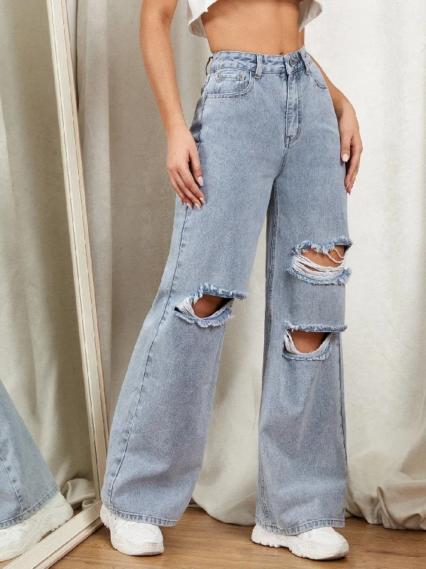 High-waisted skinny pants for trendy women’s fashion -BerriesJam - Hole Washed Wide Leg Casual Denim Pants