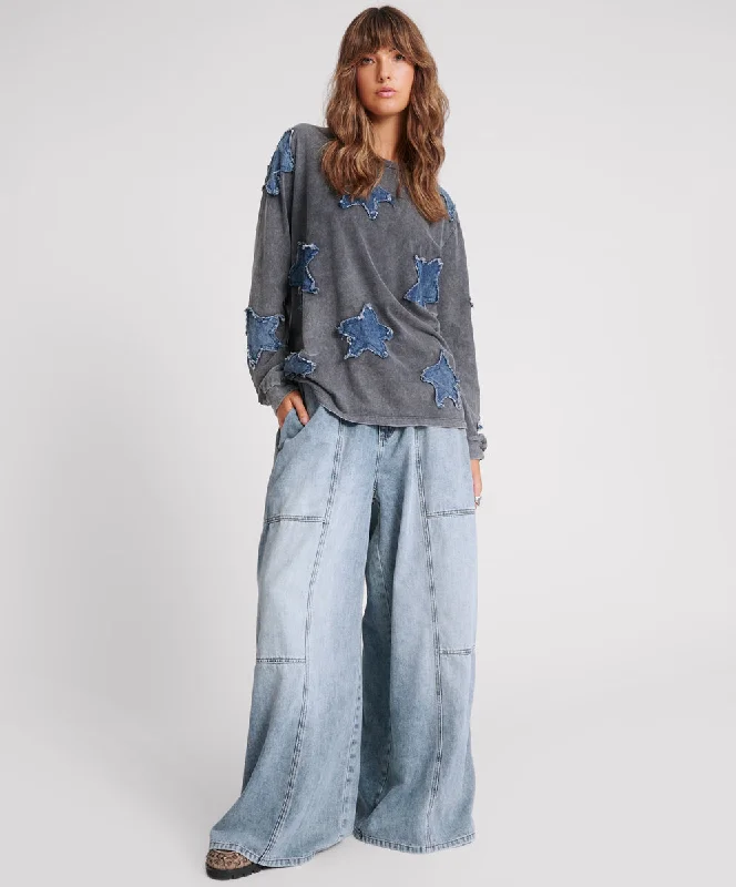 Camouflage cargo pants for hunting trip needs -BLUE BLOSSOM DENIM PALAZZO PANTS