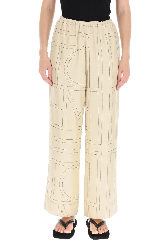 Classic wool pants for cold weather elegance -Toteme monogram embroidered pajama pants