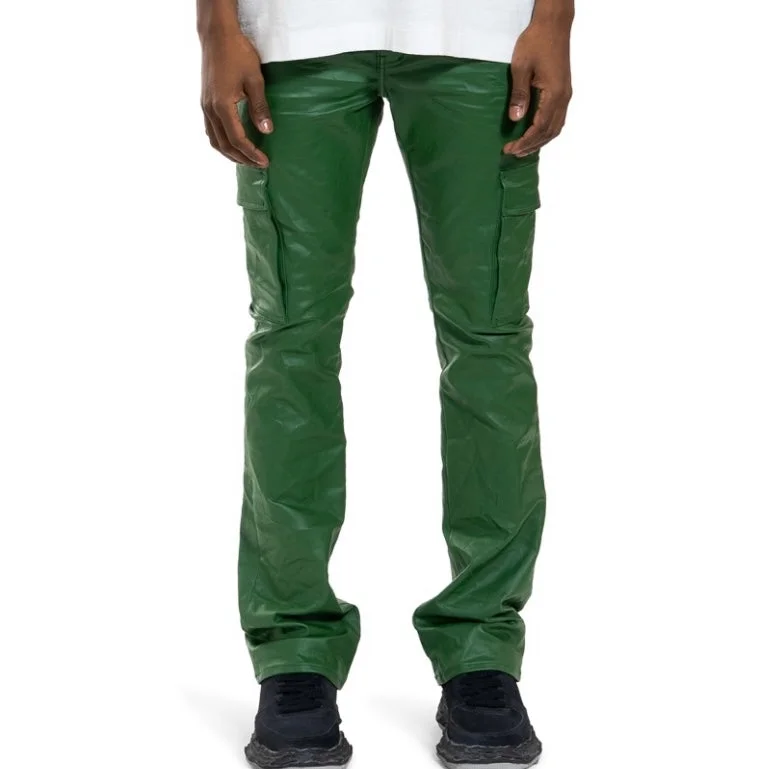 Designer skinny pants for luxury fashion flair -Purple Brand Patent Film Cargo Flare Green Pants