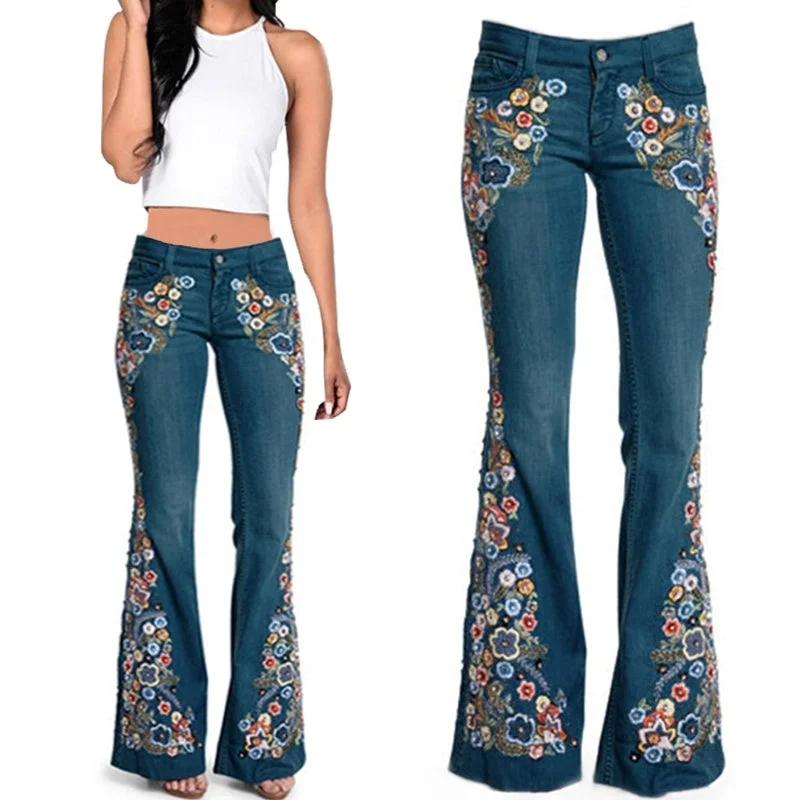 Lightweight cargo pants for summer camping trips -KittenAlarm - Trends Hot Sale Women Embroidered Bell Bottoms Skinny Jeans Floral Flared Jeans Ladies Spring Casual Denim Pants XS-4XL