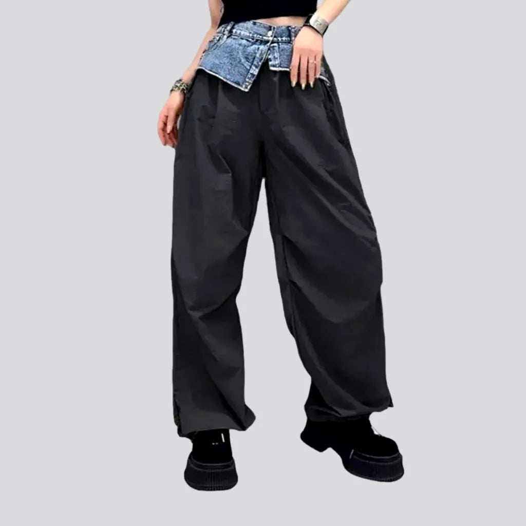 Flowy wide pants for artistic bohemian vibes -Mixed-fabrics women's denim pants