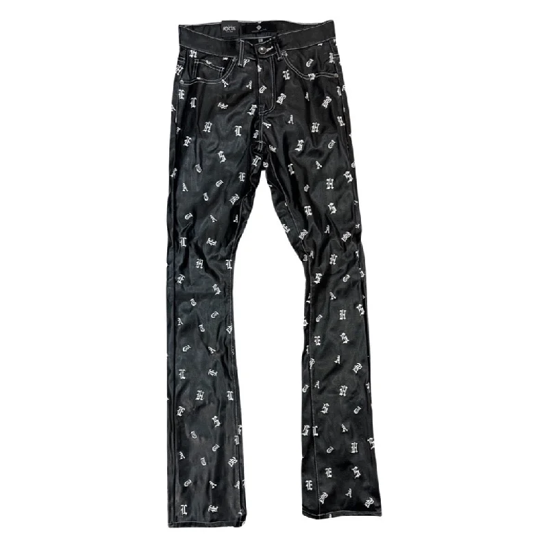 Cozy fleece pants for cold winter nights -Focus Black Leather Print Stacked Pants (5227)