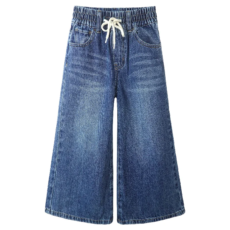 Comfortable stretch pants for casual daily wear -Girls Wide-leg Denim Pants, 5-14T Loose Elastic Waist with String Flared Jeans Bottoms