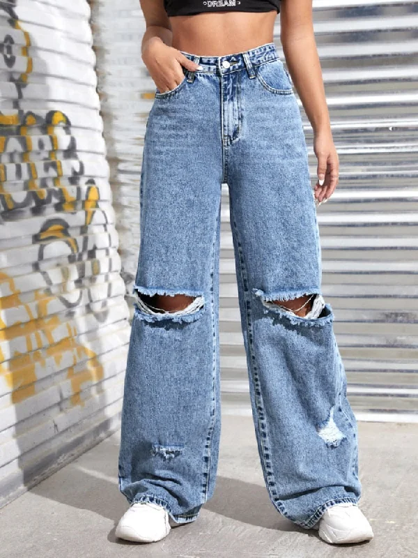 Affordable denim pants for everyday rugged use -BerriesJam - New Hole Washed Wide Leg Denim Pants