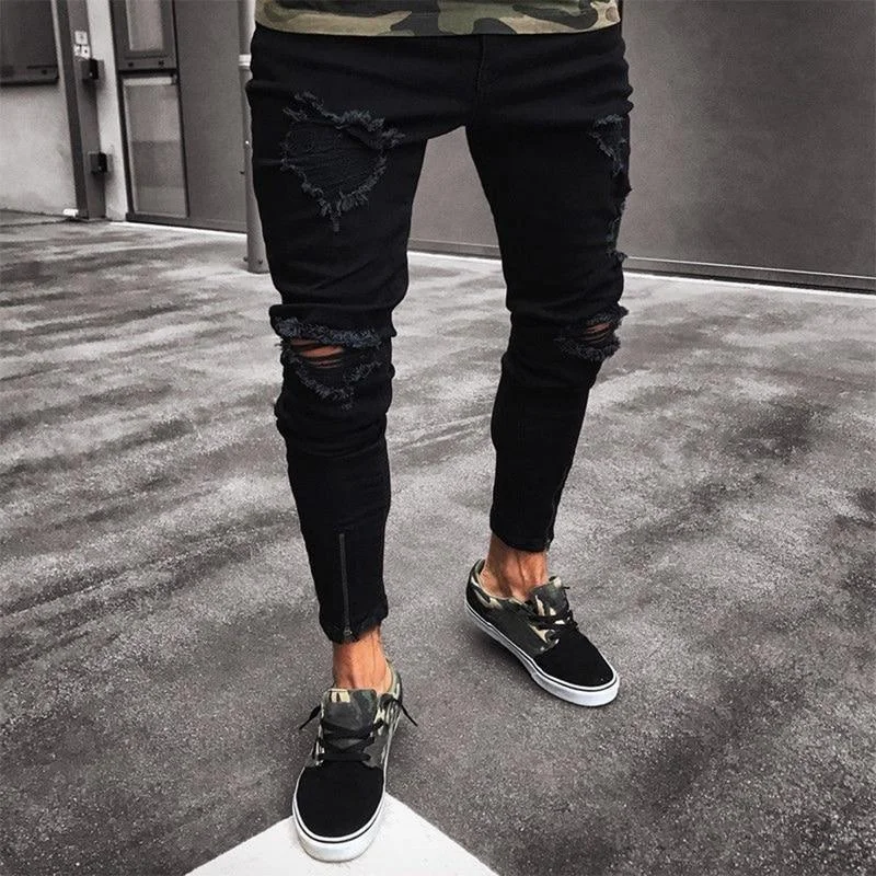 Stylish wide-leg pants for bold evening looks -Pencil Ripped Jeans Pants For Men