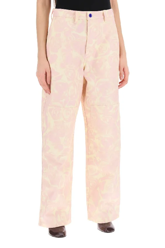 Bold plaid pants for eye-catching style choices -Burberry "rose print canvas workwear pants"