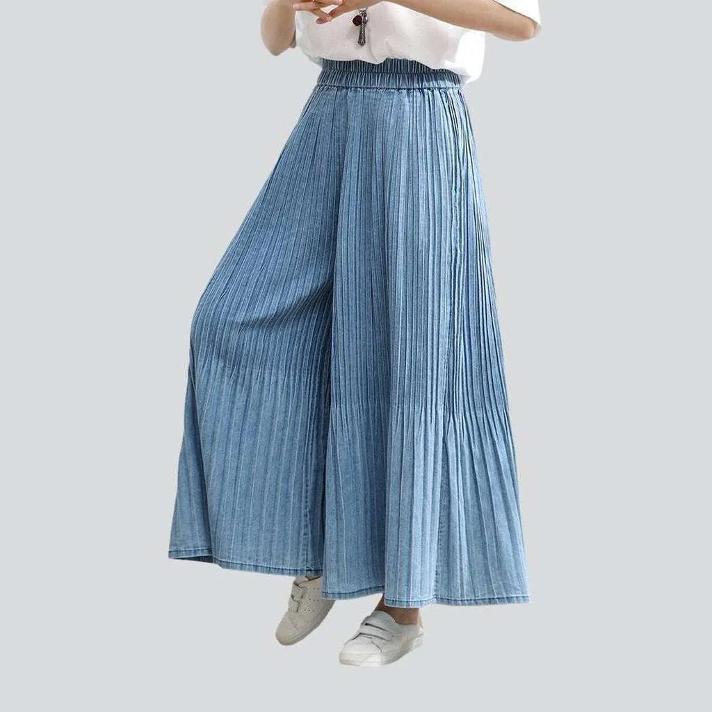 Adjustable waist pants for custom fit ease -Pleated culottes women's denim pants