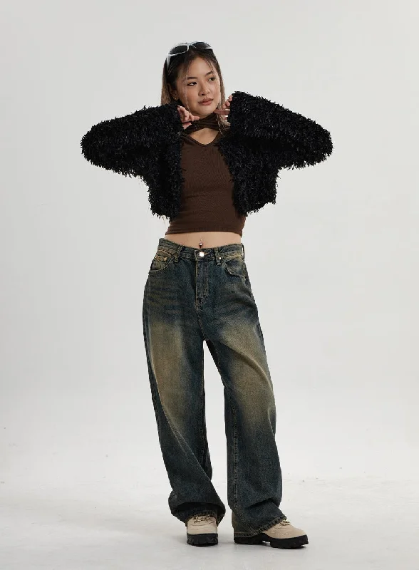 Stylish cropped pants for warm season trends -Vintage Washing Wide Leg Denim Pants CN14