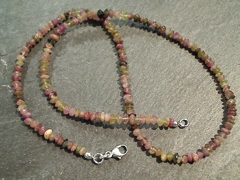 Necklaces and pendants with lotus flower designs for a spiritual, peaceful vibe-16" Mixed Tourmaline 3MM Discs Necklace, Sterling Silver Clasp