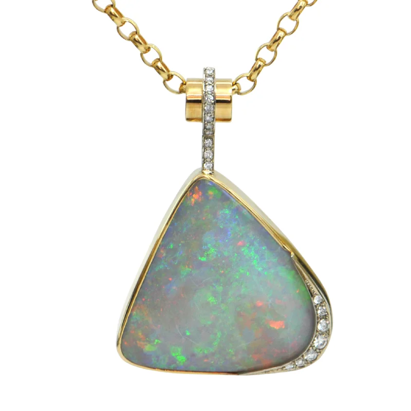 Necklaces and pendants with leaf-shaped designs for an earthy, organic feel-Mid-Century Australian Opal and Diamond 18K Yellow Gold Pendant C.1960's-1970's