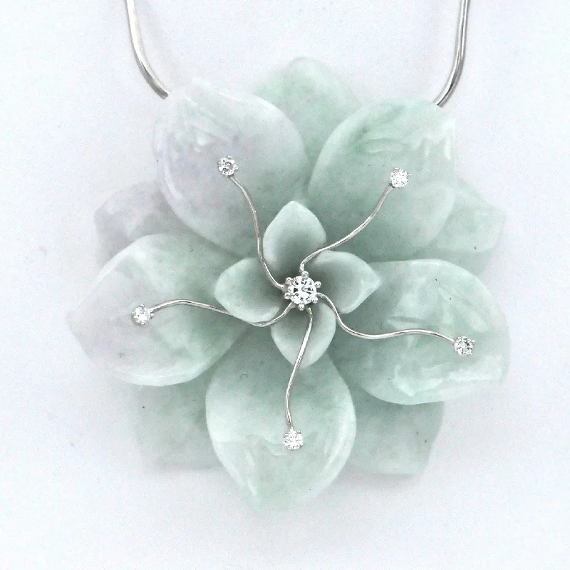 Necklaces and pendants with crescent moon designs for a celestial and mystical feel-Hand Carved Jadeite Jade Flower and Diamonds Necklace