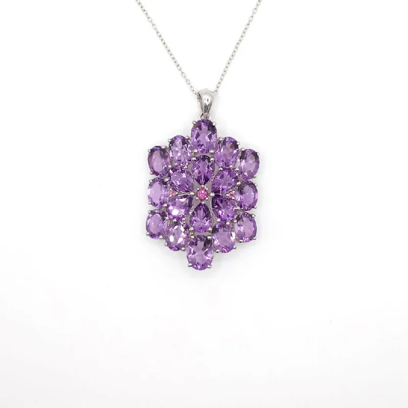 Necklaces and pendants with leaf-shaped designs for an earthy, organic feel-Vintage 21 Carat Genuine Brazilian Amethyst and Umba River Rhodolite Sterling Silver Pendant Necklace