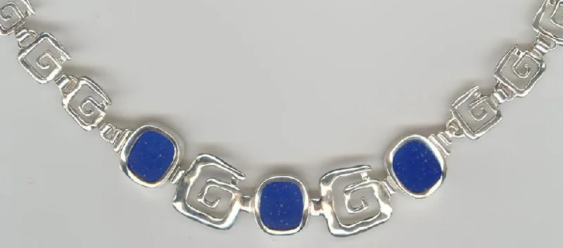 Stunning necklaces and pendants with sapphire gemstones for a luxurious blue hue-Greek Key Meander Necklace in Sterling Silver with lapis lazuli (PE-19)