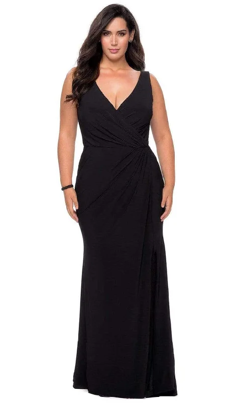 Plus size dresses with lightweight materials feel easy -La Femme - 28882 V-neck Ruched Modest Prom Jersey Dress