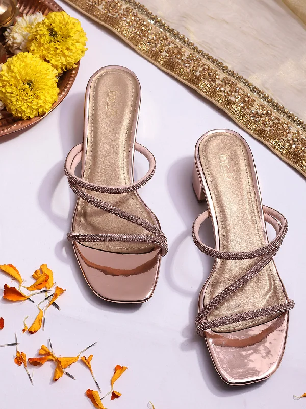 Trendy sandals for women with thong design and cushioned footbed for comfort-Women Rose Gold Embellished Party Block Sandals