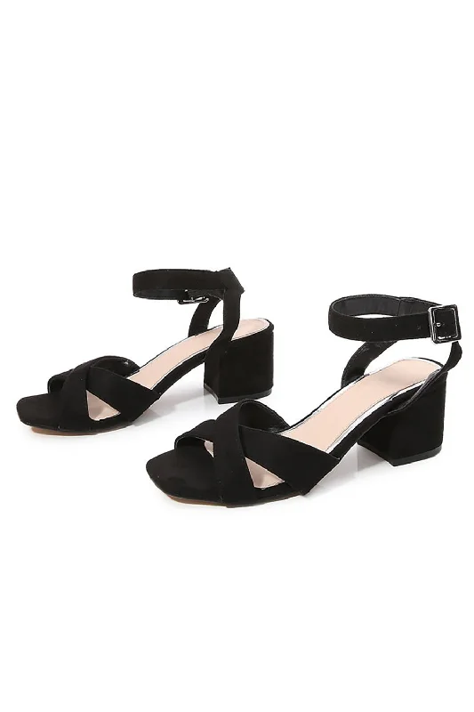 Comfortable sandals for women with Velcro straps and cushioned sole for everyday wear-Black Cross Ankle Strap Chunky Heeled Sandals