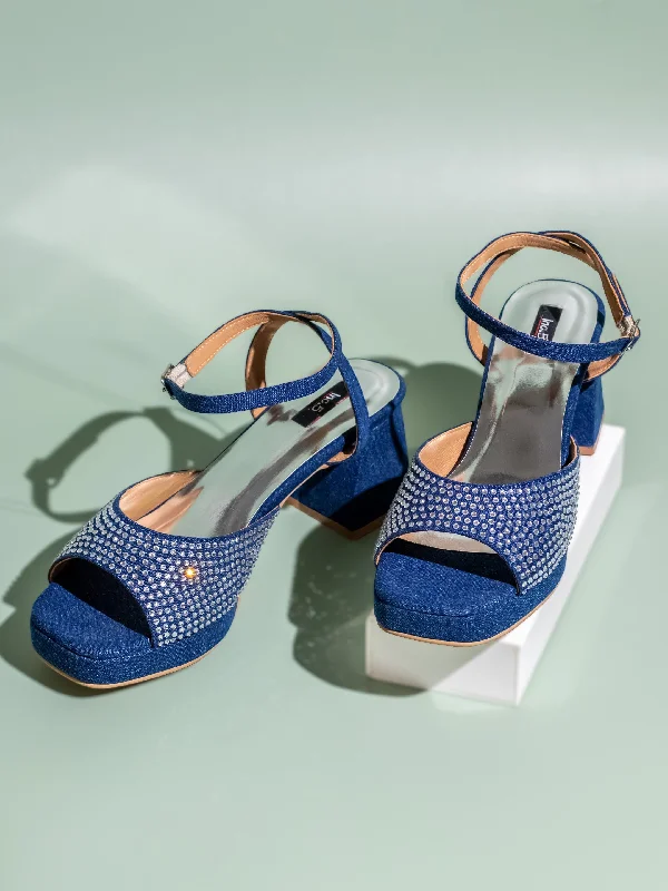 Stylish sandals for women with wide ankle straps and buckle detailing for fashionable look-Womens Blue Ethnic Open toe Block Heel Sandals