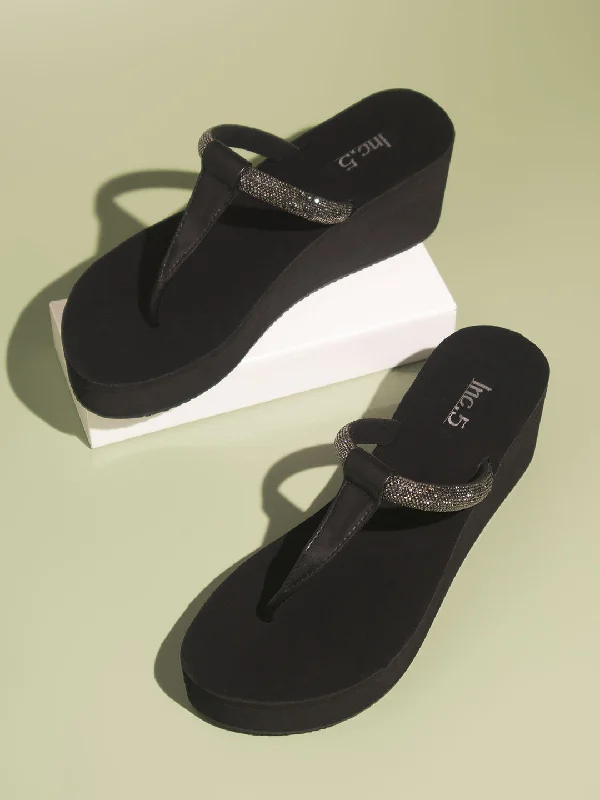 Casual sandals for women with buckle details and comfortable footbed for support-Women Black Embellished Wedges Sandals