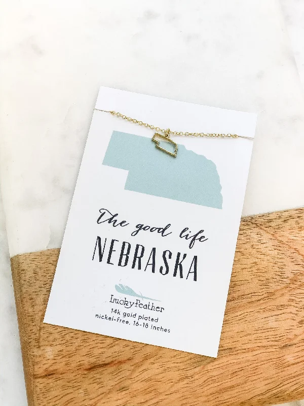 Best necklaces and pendants with intertwined designs for a symbol of unity-Petite State Outline Pendant Necklaces by Lucky Feather - Nebraska