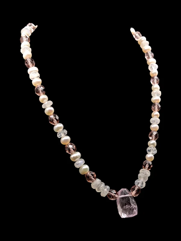 Beautiful necklaces and pendants with diamond-encrusted designs for maximum sparkle-Vintage Genuine Tanzanian Pink Spinel, Pearl and Crystal Gemstone Pendant Necklace