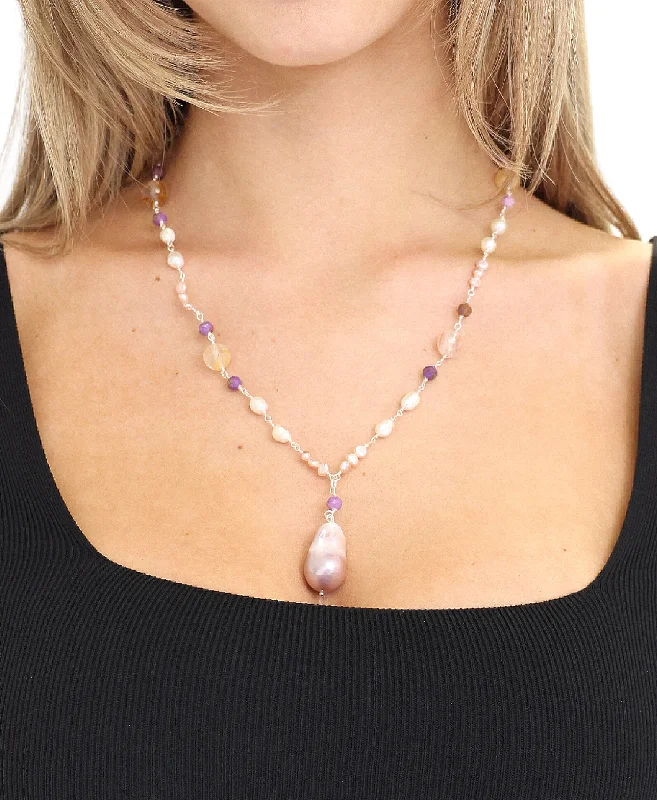 Unique necklaces and pendants with tree of life motifs for nature-inspired elegance-Fresh Water Pearl & Amethyst Beaded Necklace