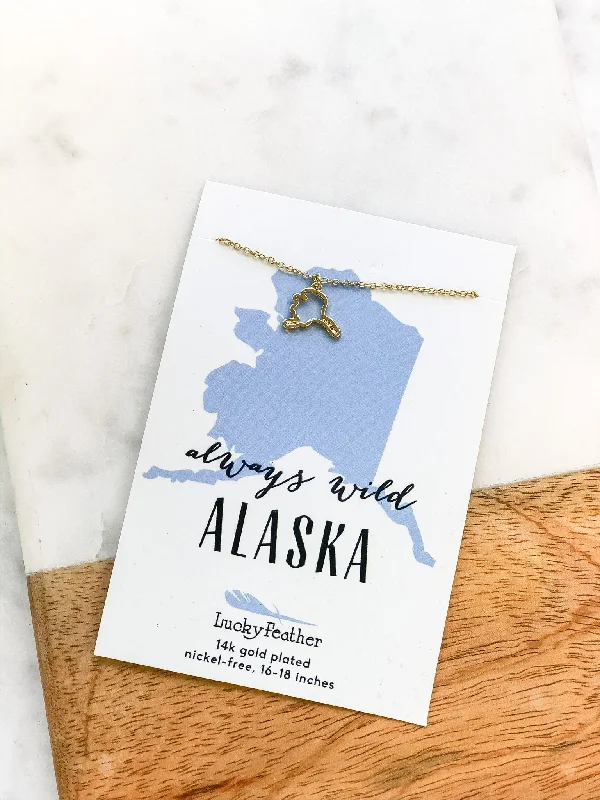 Trendy necklaces and pendants with geometric shapes for a modern aesthetic-Petite State Outline Pendant Necklaces by Lucky Feather - Alaska