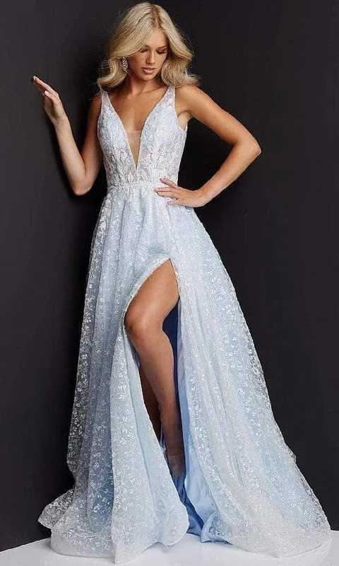 Plus size dresses with breathable fabrics stay cool -JVN by Jovani - JVN08421 Floral Slit A-line Plus Size Prom Gown