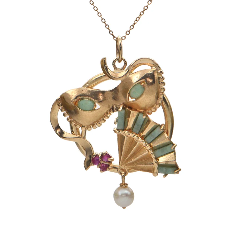 Necklaces and pendants with love knot designs for a romantic, meaningful symbol-Mardi Gras Masquerade Mask and Fan with Rubies and Jade 14K Gold Pendant C.1960