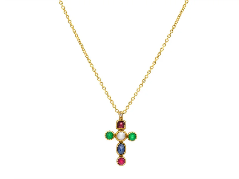 Stunning necklaces and pendants with amethyst gemstones for a calming effect-Gold Cross Pendant Necklace with Mixed Stones