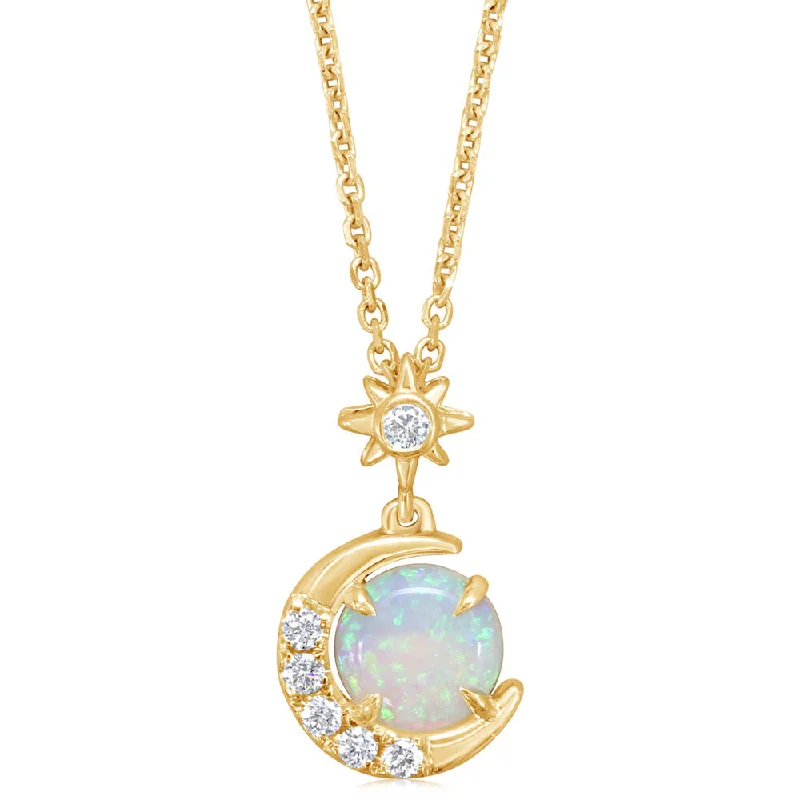 Necklaces and pendants with personalized charms for a custom piece of jewelry-14K Yellow Gold Australian Opal/Diamond Moon Pendant