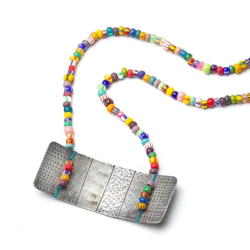 Necklaces and pendants with matching rings for a coordinated set of jewelry-Textured Silver Necklace with Colorful Beads