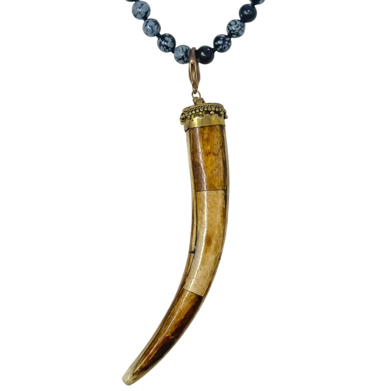 Beautiful necklaces and pendants with butterfly motifs for a whimsical style-Brass Capped Buffalo Bone Tusk Pendant With Obsidian Bead Necklace By Unbranded