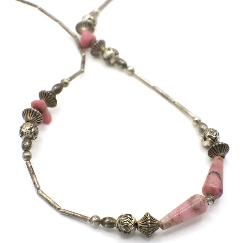 Stunning necklaces and pendants with amethyst gemstones for a calming effect-Vintage Rhodonite and Silver Beaded Necklace