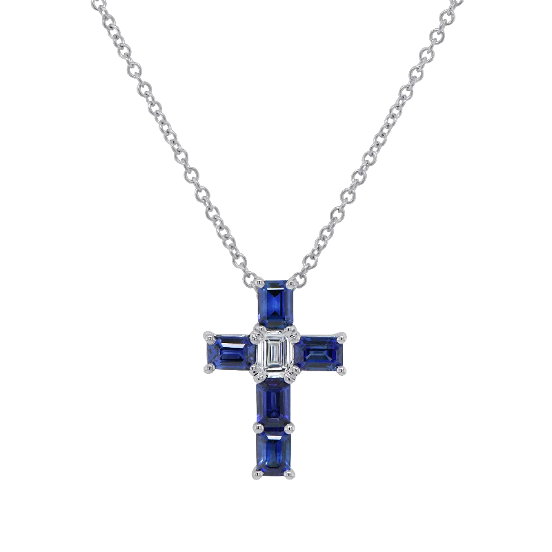 Best necklaces and pendants with infinity hearts for a romantic, eternal symbol-Diamond and Blue Sapphire Cross Brooch Pendant