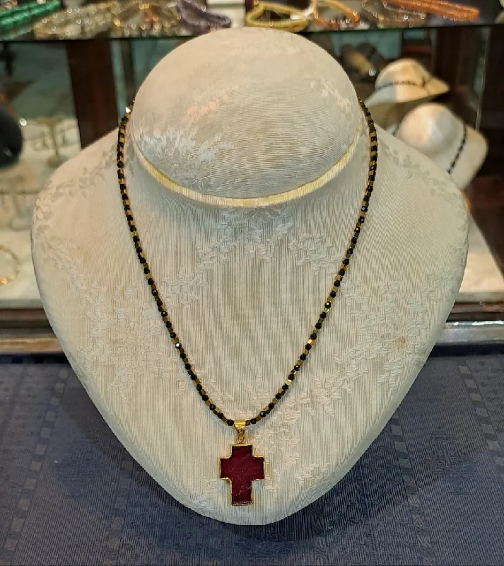 Necklaces and pendants with geometric pendants for a clean, contemporary design-Ruby crystal cross 18k Gold with a 14k gold chain, one of a kind, Fine Cross Pendant, Handmade pendant, Greek Jewelry