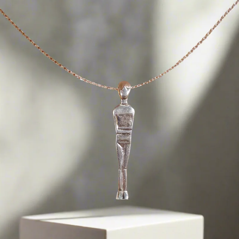 Layered necklaces and pendants for a trendy and fashionable stacked look-Greek Cycladic pendant, Cycladic jewelry, pendant in sterling silver, Standing female figure (Keros Variety) pendant (PE-96)