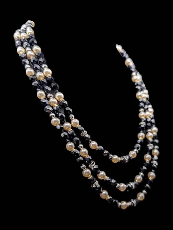 Necklaces and pendants with clear quartz for a pure and radiant look-1950s 3 Strand Pearl, Black Faceted, and Silver Bead Necklace