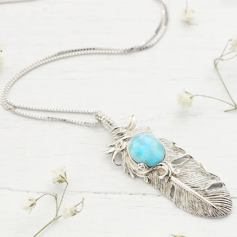 Best necklaces and pendants with emerald gemstones for a rich, sophisticated design-Larimar Feather Necklace