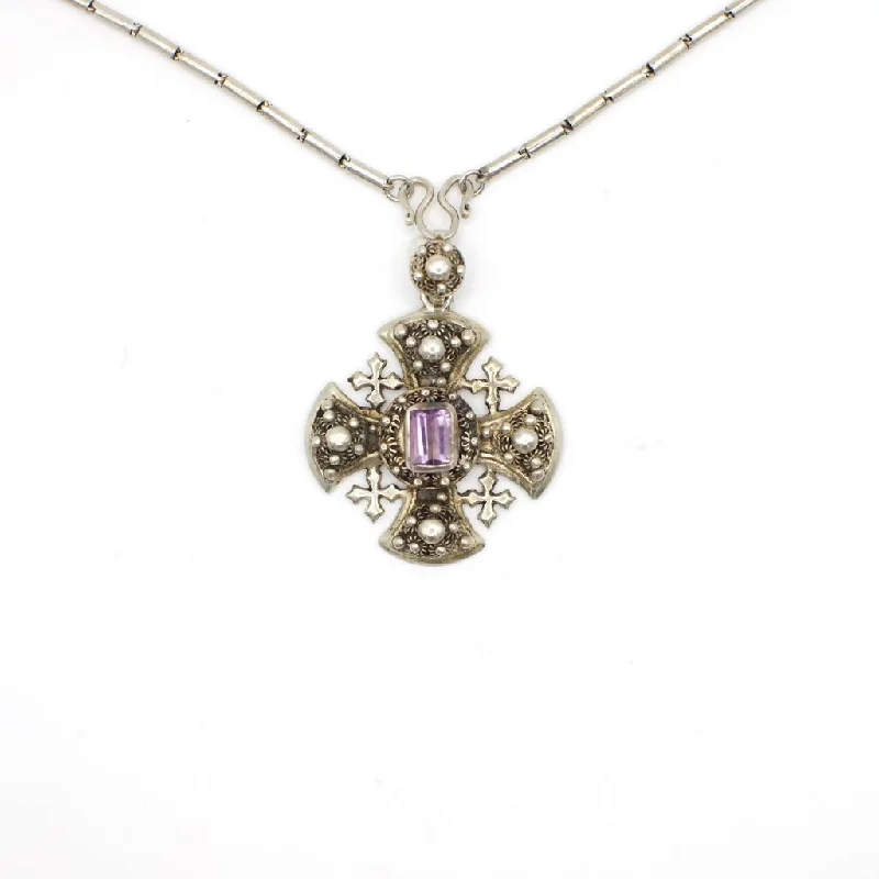 Best necklaces and pendants with black diamonds for an edgy, bold statement-Vintage Genuine Amethyst Crusader Cross Pendant Necklace In Silver