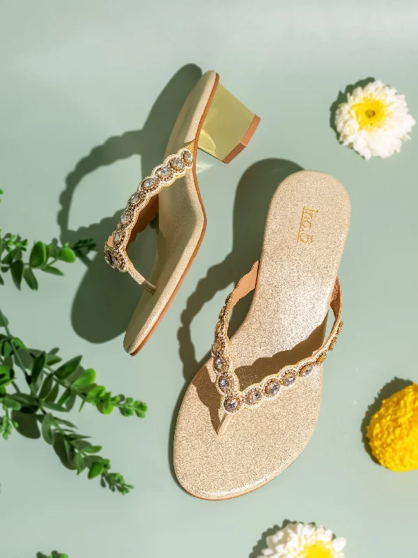 Elegant sandals for women with beaded straps and platform heels for special occasions-Womens Golden Ethnic Open toe Block Heel Sandals