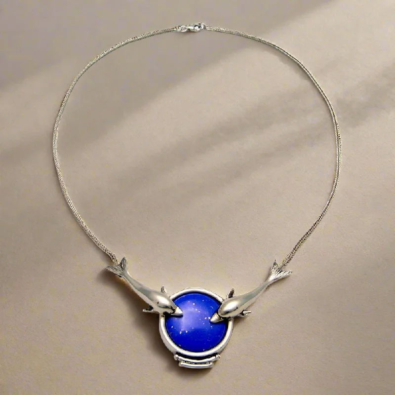 Necklaces and pendants with ocean-inspired designs for a refreshing, beachy feel-Minoan Dolphins Lapis Lazuli Sterling Silver Necklace (PE-14)