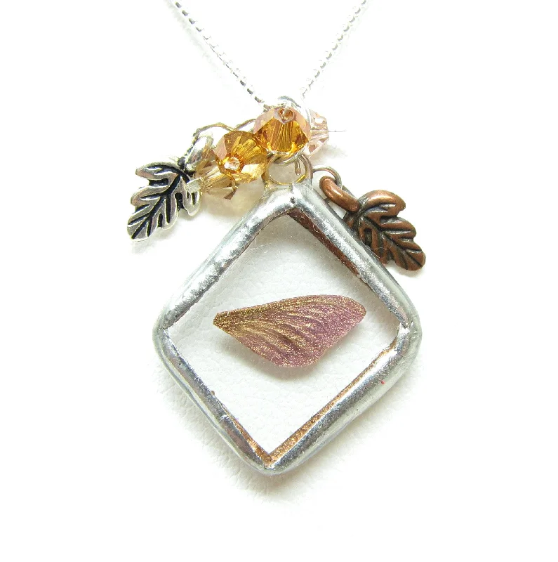 Beautiful necklaces and pendants with moonstone for an ethereal, mystical appearance-Autumn Fairy Necklace Soldered Glass Pendant with Miniature Faery Wing